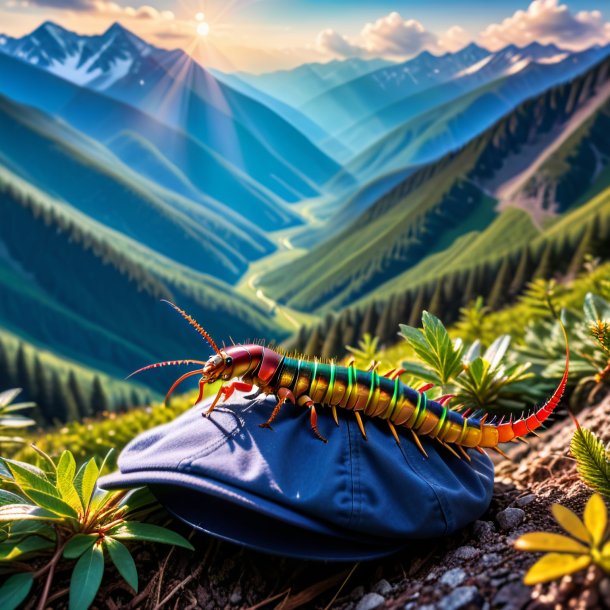 Photo of a centipede in a cap in the mountains