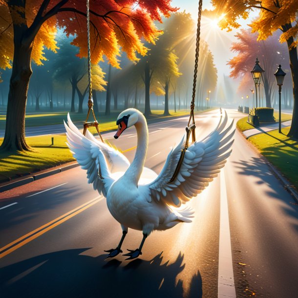 Photo of a swinging on a swing of a swan on the road