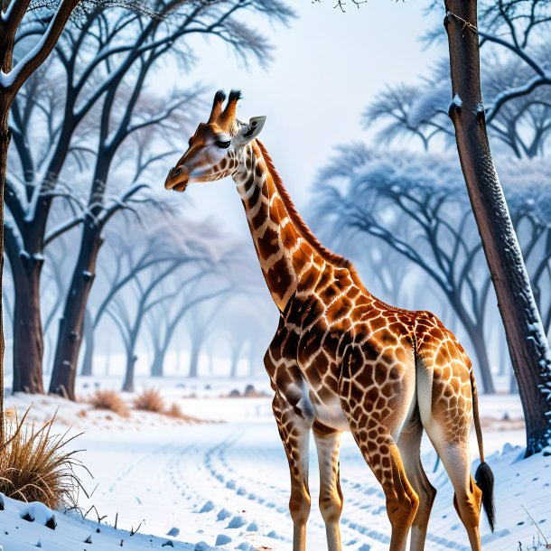 Picture of a waiting of a giraffe in the snow