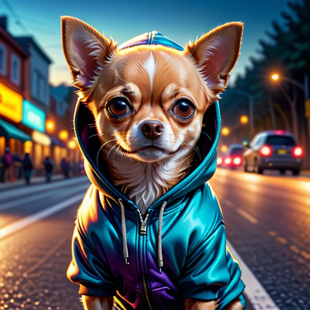 Dibujo de un chihuahua en una sudadera con capucha en el camino