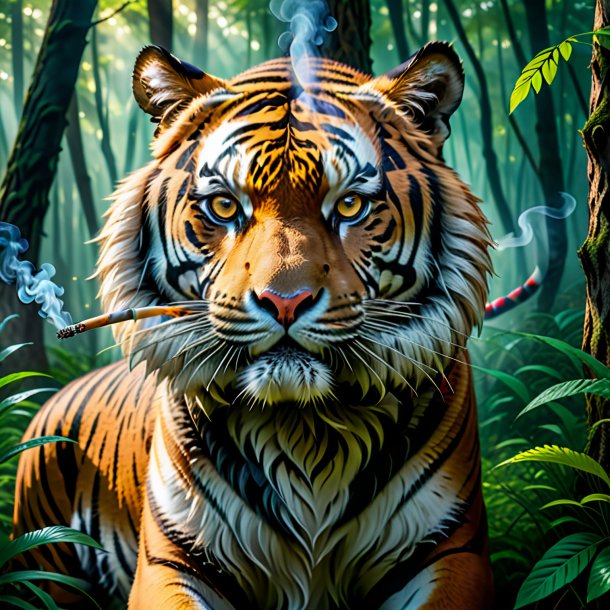 Photo of a smoking of a tiger in the forest