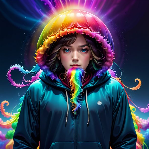 Drawing of a jellyfish in a hoodie on the rainbow