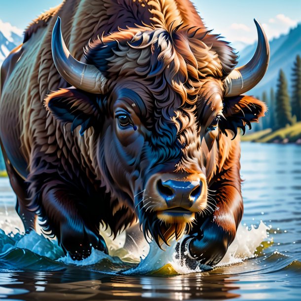 Picture of a bison in a gloves in the water