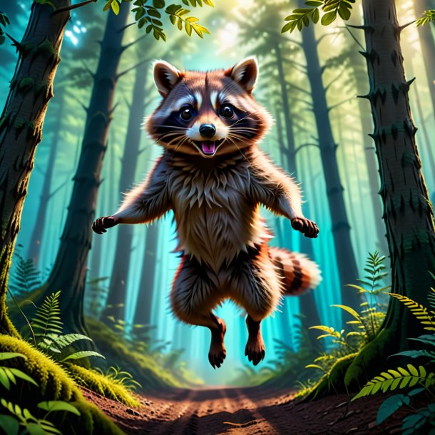 Photo of a jumping of a raccoon in the forest