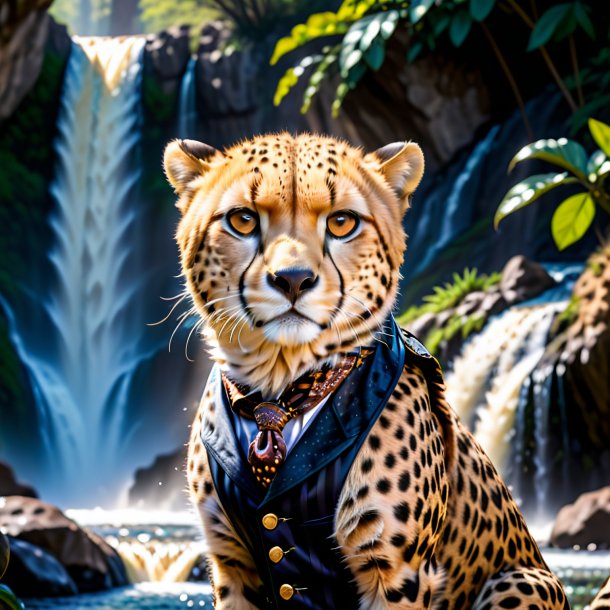 Pic of a cheetah in a vest in the waterfall