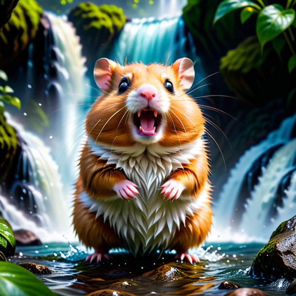 Photo of a angry of a hamster in the waterfall