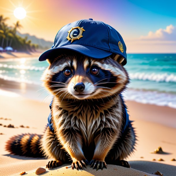 Image of a raccoon in a cap on the beach