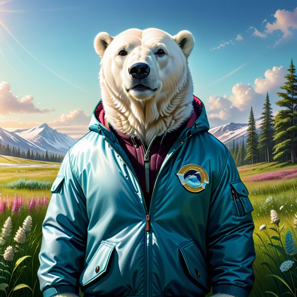 Drawing of a polar bear in a jacket in the meadow