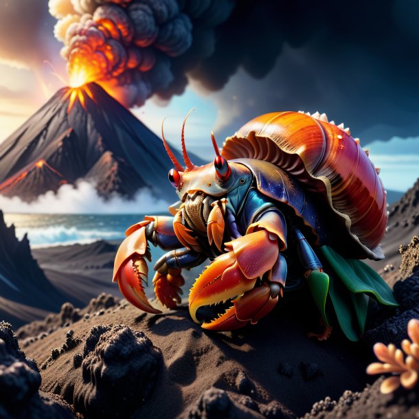 Illustration of a hermit crab in a coat in the volcano