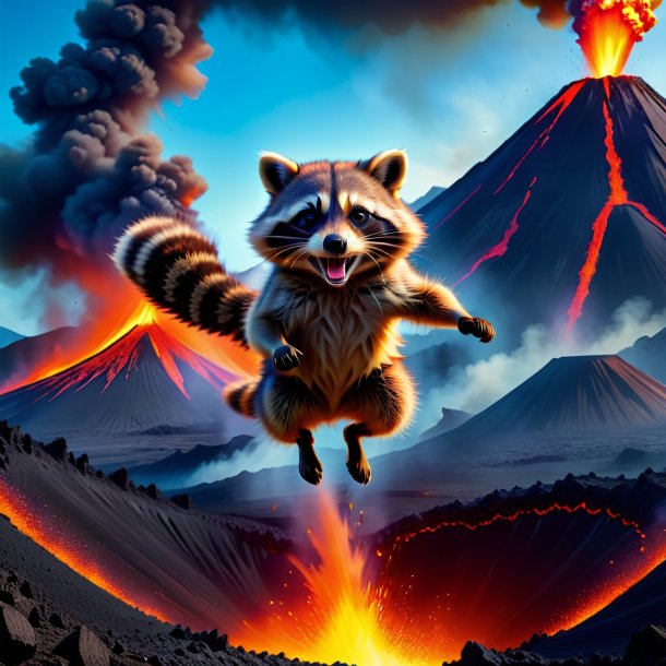 Photo of a jumping of a raccoon in the volcano