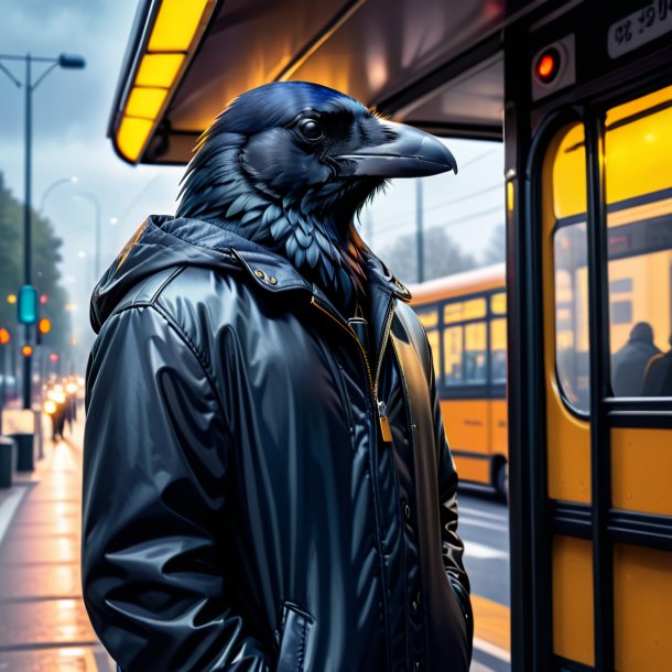 Image of a crow in a jacket on the bus stop