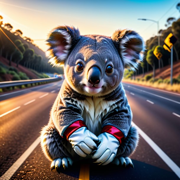 Foto de un koala en los guantes en la carretera