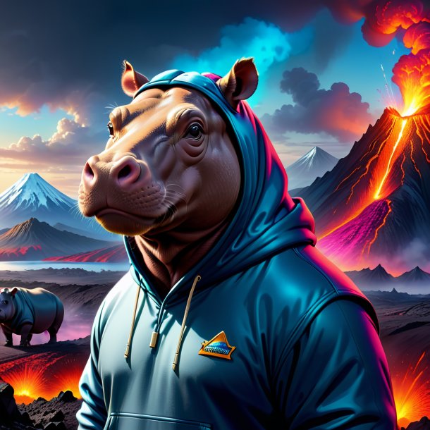 Drawing of a hippopotamus in a hoodie in the volcano