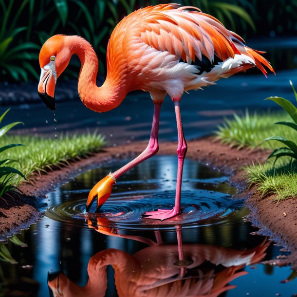 Photo of a flamingo in a gloves in the puddle