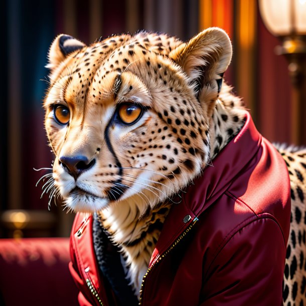 Foto de un guepardo en una chaqueta roja