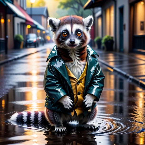 Photo of a lemur in a coat in the puddle