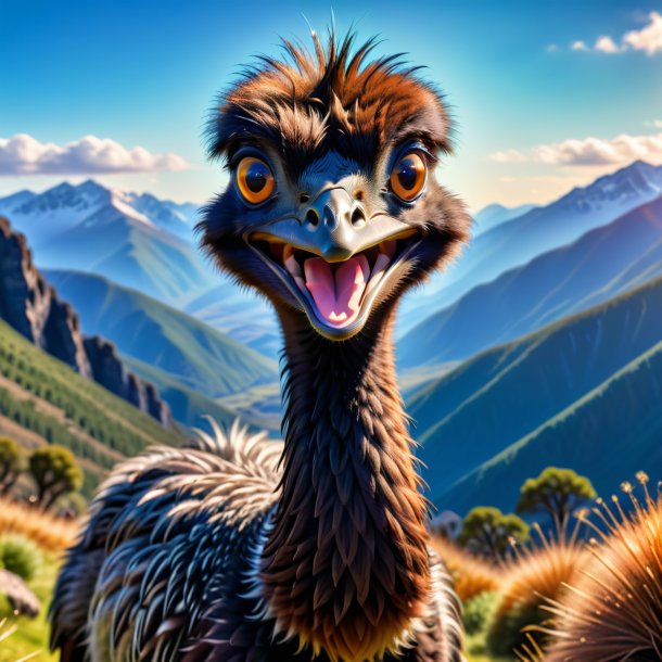 Photo of a smiling of a emu in the mountains