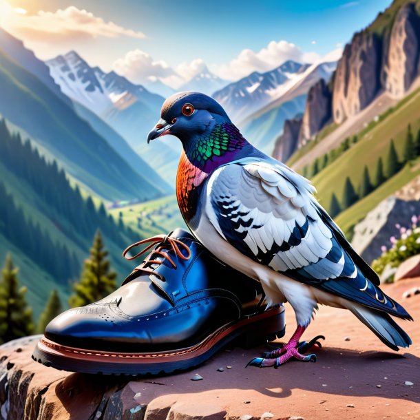 Photo of a pigeon in a shoes in the mountains