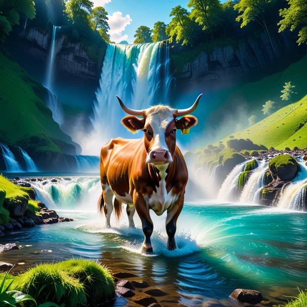 Picture of a swimming of a cow in the waterfall