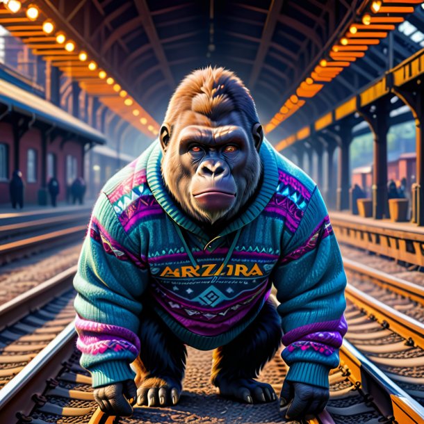 Illustration of a gorilla in a sweater on the railway tracks