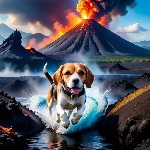 Photo of a swimming of a beagle in the volcano