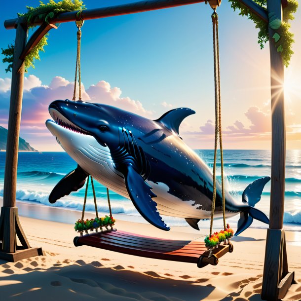 Picture of a swinging on a swing of a whale on the beach