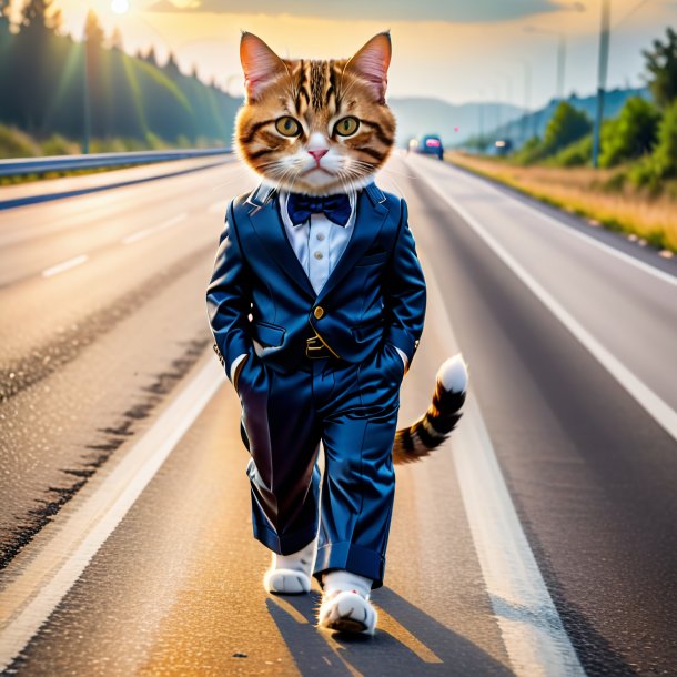 Foto de un gato en un pantalón en la carretera