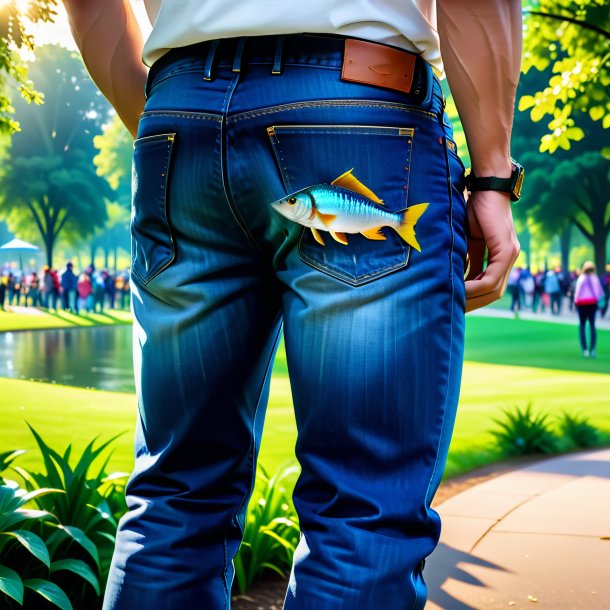 Foto de un pez en un jeans en el parque