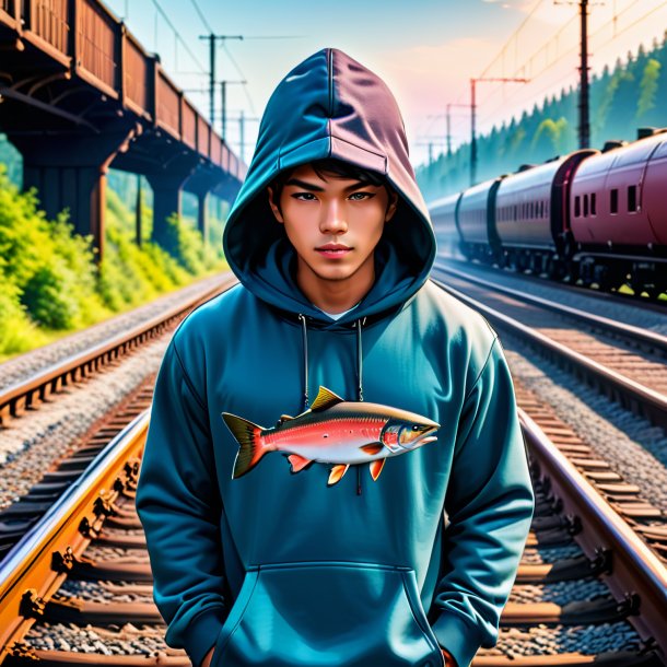 Foto de um salmão em um hoodie nos trilhos ferroviários