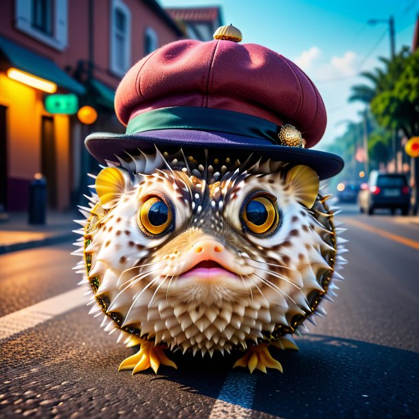 Pic of a pufferfish in a hat on the road