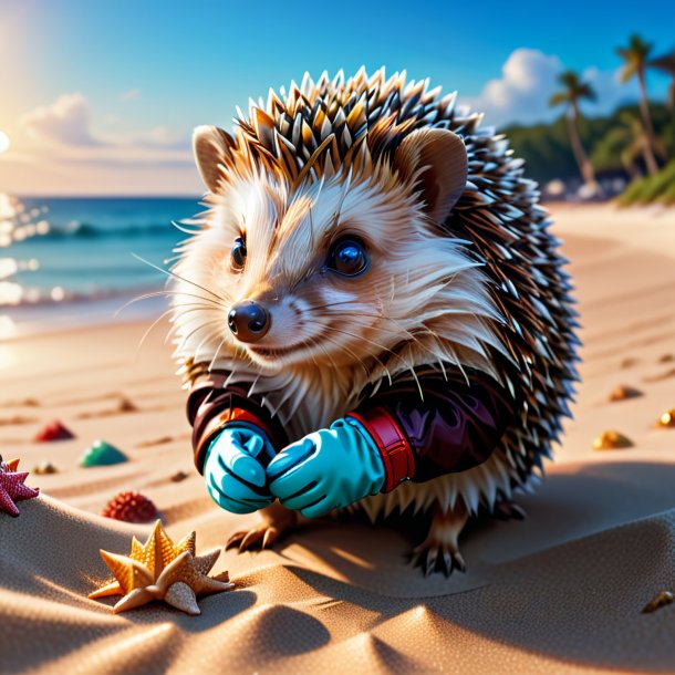 Drawing of a hedgehog in a gloves on the beach