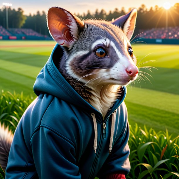 Pic d'un opossum dans un sweat à capuche sur le terrain