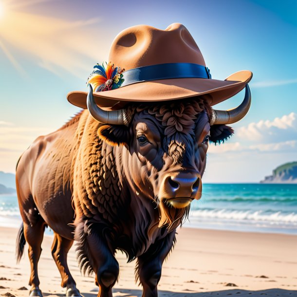 Photo d'un bison dans un chapeau sur la plage