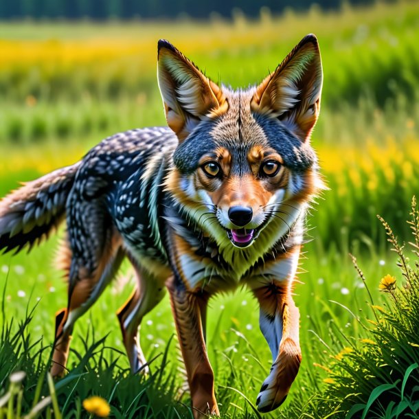 Image of a playing of a jackal in the meadow