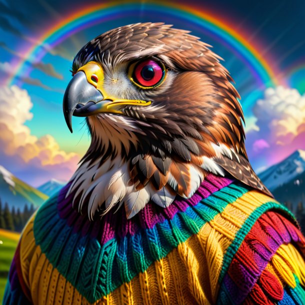 Drawing of a hawk in a sweater on the rainbow