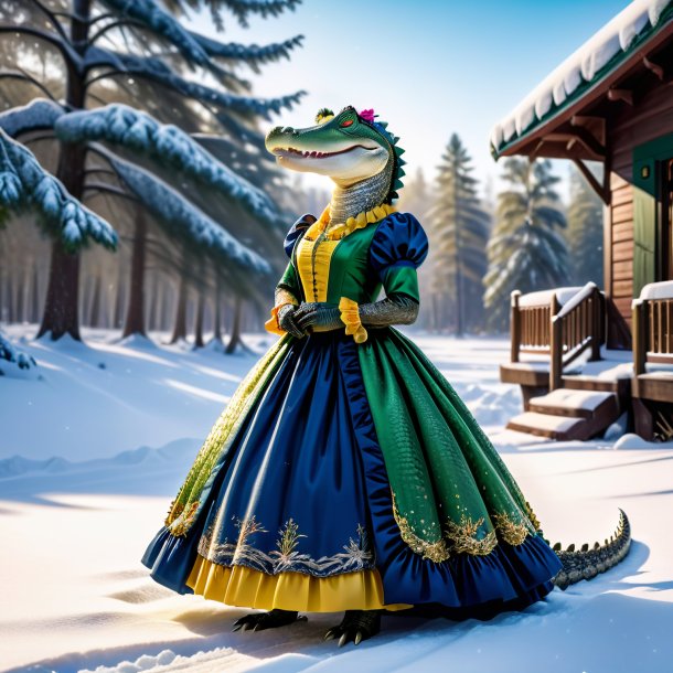 Photo of a alligator in a dress in the snow