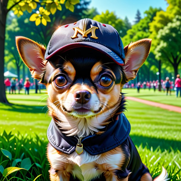 Imagen de un chihuahua en un gorro en el parque