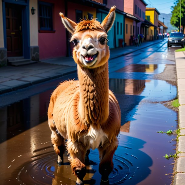 Uma foto de um sorriso de uma lhama na poça