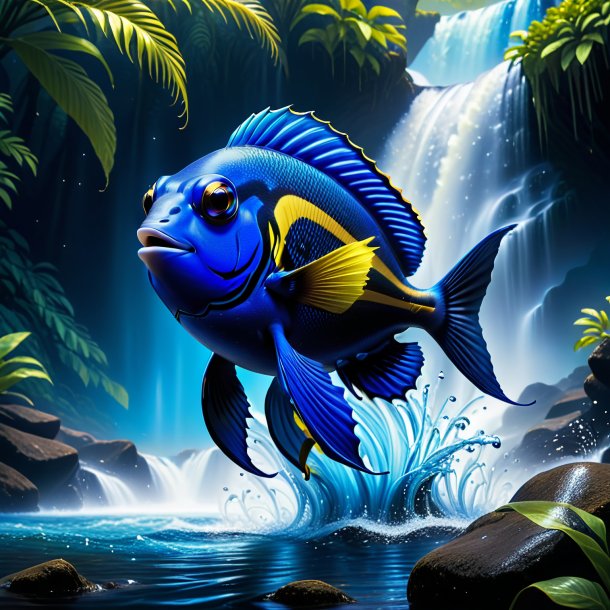 Image of a blue tang in a jeans in the waterfall