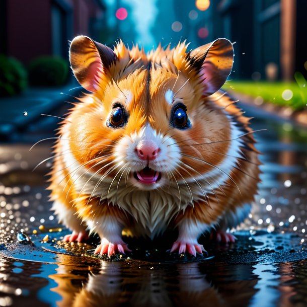 Photo of a angry of a hamster in the puddle