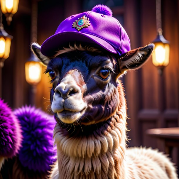 Photo of a llama in a purple cap