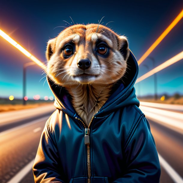 Image of a meerkat in a hoodie on the highway