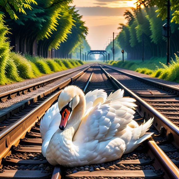 Foto de un sueño de un cisne en las vías del ferrocarril