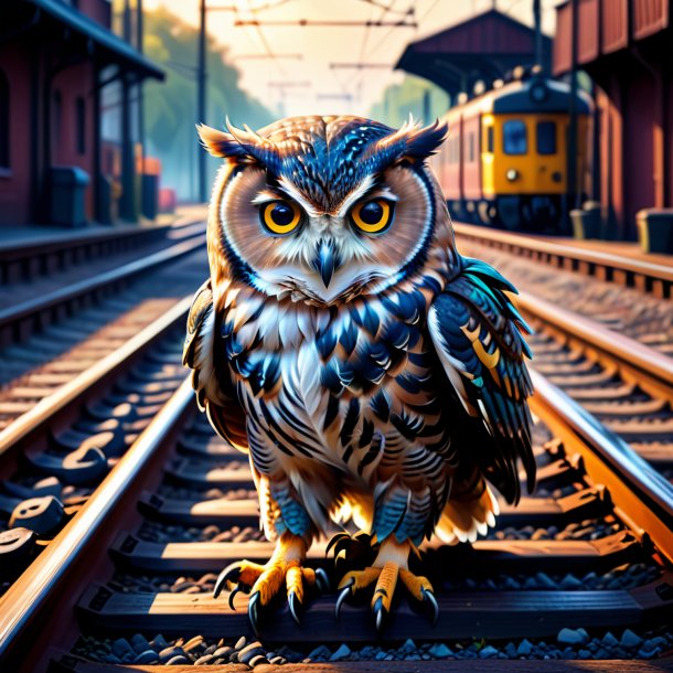 Drawing of a owl in a gloves on the railway tracks