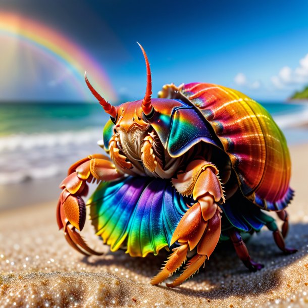 Image d'un crabe ermite dans un gilet sur l'arc-en-ciel