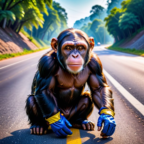 Photo of a chimpanzee in a gloves on the road