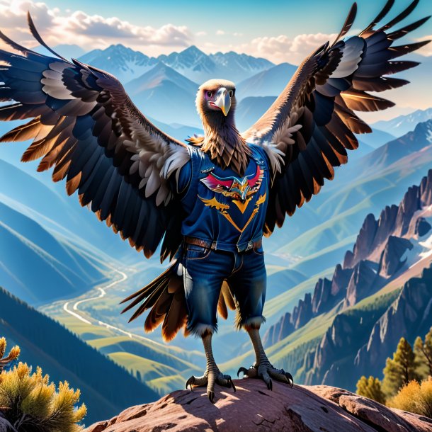 Picture of a vulture in a jeans in the mountains