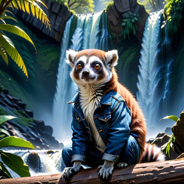 Pic of a lemur in a jeans in the waterfall