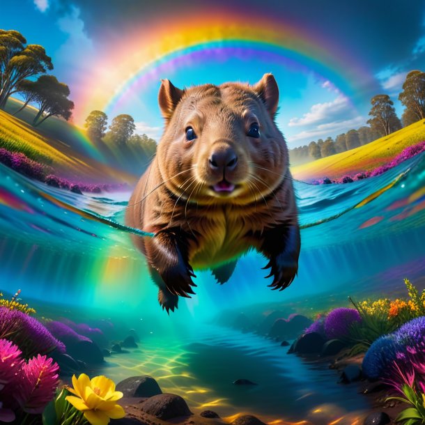 Foto de uma natação de um wombat no arco-íris