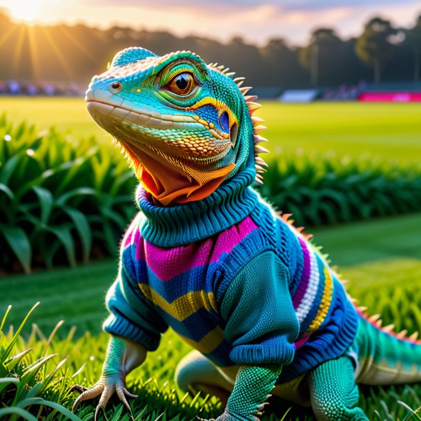 Imagem de um lagarto em um suéter no campo